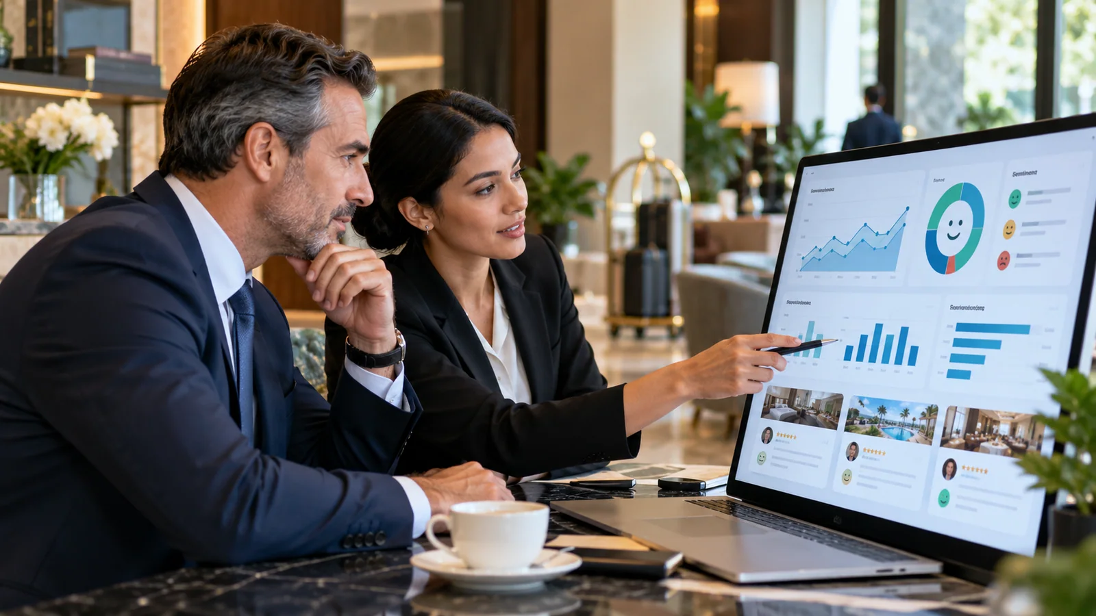Hotel management team reviewing guest feedback sentiment and performance analytics